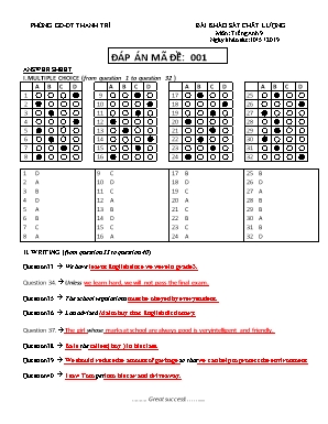 Đề khảo sát chất lượng môn Tiếng Anh Lớp 9 - Năm học 2018-2019 - Phòng GD và ĐT Thanh Trì (Có đáp án)